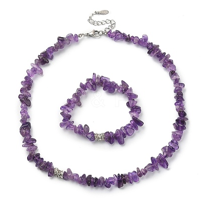 Natural Amethyst Chips Beaded Necklace & Stretc Bracelet SJEW-JS01281-01-1