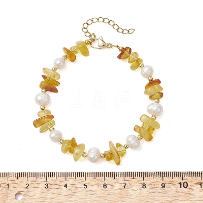 Natural Amber & Cultured Freshwater Pearl & Brass Beaded Bracelets for Women BJEW-JB13663-1
