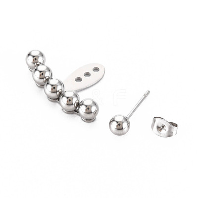 Non-Tarnish 304 Stainless Steel Beaded Horizontal Bar Stud Earrings EJEW-N016-016P-1