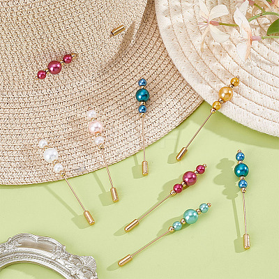 12Pcs 6 Colors Brass & Baking Paint Glass Pearl Round Beads & 304 Stainless Steel Brooches JEWB-HY00007-1