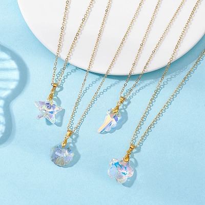 4Pcs 4 Styles Clear AB Glass Wing Flower Star Shell Shape Pendant Brass Cable Chain Necklaces for Women NJEW-JN05745-1