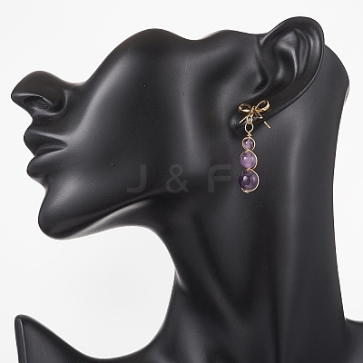 Natural Amethyst Bowknot with Round Dangle Stud Earrings EJEW-JE06780-02-1