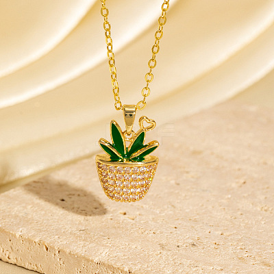 Cinco de Mayo Brass Pave Cubic Zirconia Enamel Green Cactus Pendant Necklaces for Women WG6DDE4-01-1