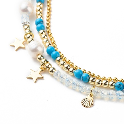3Pcs 3 Style Natural Pearl & White Moonstone & Synthetic Turquoise & Opalite Beaded Necklaces Set NJEW-JN04000-1