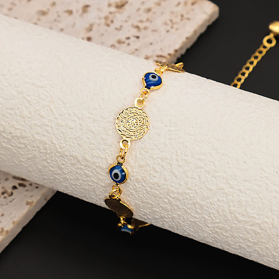 Vintage Beach Brass Coin Blue Evil Eye Link Chain Anklets for Women MD8802-1