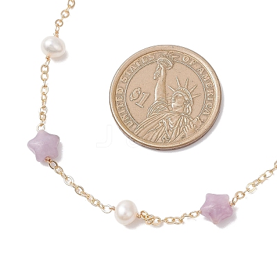 Natural Lepidolite Star & Natural Freshwater Pearl & Brass Link Chain Necklaces NJEW-JN05687-03-1