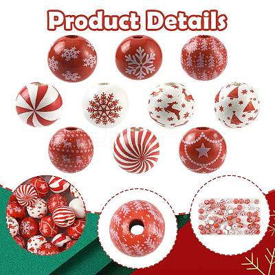 60Pcs 10 Styles Christmas Printed Schima Wood European Beads WOOD-FS0002-48-1