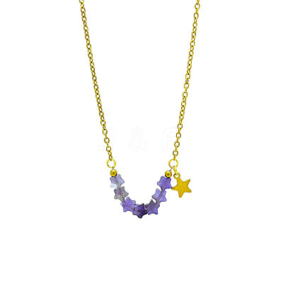 Bohemian Natural Amethyst Star Beads Pendant 304 Stainless Steel Chain Necklaces for Women WG45F40-01-1