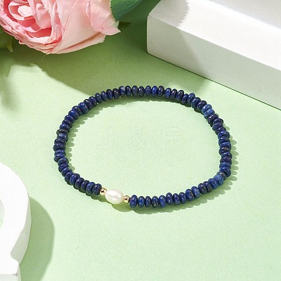Natural Lapis Lazuli Rondelle & Pearl Beaded Stretch Bracelets BJEW-JB09918-07-1