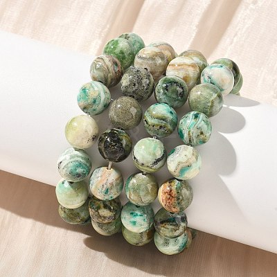Natural Green Line Jasper Round Beaded Stretch Bracelets for Women BJEW-F535-02D-1