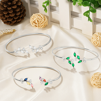 3Pcs 3 Colors Elegant Brass Cubic Zirconia Leaf Cuff Bangles for Women BJEW-GO0003-01P-1