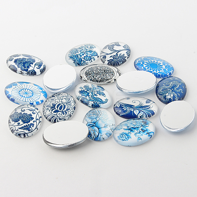 Blue and White Floral Theme Ornaments Glass Oval Flatback Cabochons GGLA-A003-18x25-YY-1