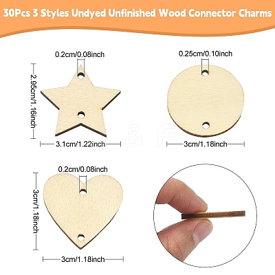 30Pcs 3 Styles Undyed Unfinished Wood Connector Charms WOOD-YW0001-12-1