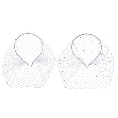 2Pcs 2 Styles Bridal Rhinestones Pearl Mesh Veil Cloth Hair Bands MRMJ-FG0001-16A-1