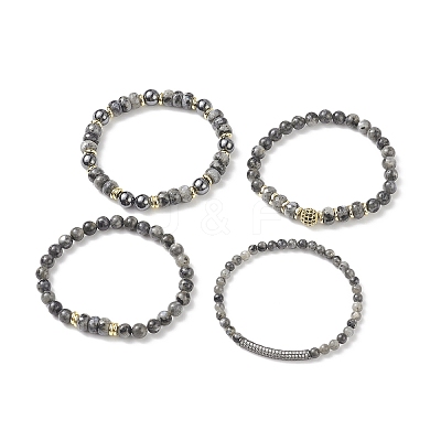 4Pcs 4 Style Natural Larvikite & Synthetic Hematite Stretch Bracelets Set with Cubic Zirconia Column Beaded BJEW-JB08830-1
