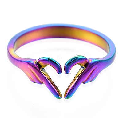 304 Stainless Steel Hand Heart Cuff Rings X-RJEW-N038-121M-1