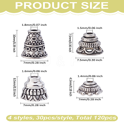 120Pcs 4 Style Tibetan Style Alloy Bead Cone FIND-LP0002-08-1