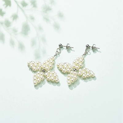 Glass Pearl Braided Star Stud Earrings EJEW-JE04982-01-1