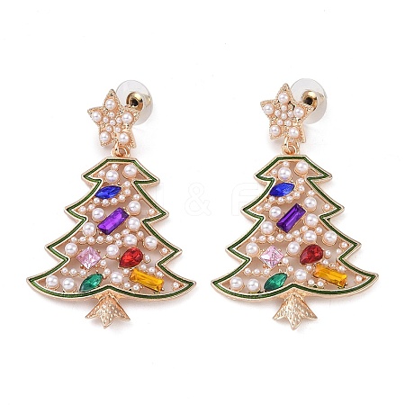 Christmas Tree Alloy Colorful Rhinestone & Plastic Pearl Dangle Stud Earrings for Women EJEW-L203-09KCG-1