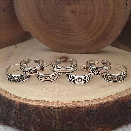 7Pcs 7 Styles Tibetan Style Sun Moon Alloy Cuff Toe Rings for Summer Beach FS-WGAE944-01-1