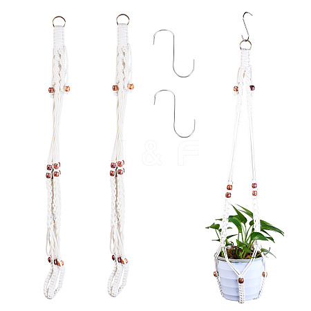 2Pcs Handmade Macrame Polyester with Wood Bead Plant Hanger AJEW-HS0001-47A-1