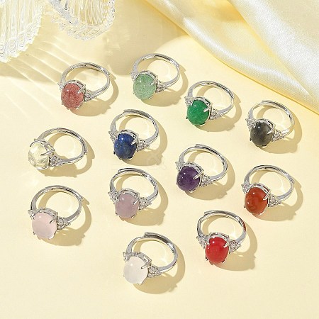 Brass Micro Pave Cubic Zirconia with Natural & Synthetic Gemstone Cuff Open Rings RJEW-T035-01P-M-1