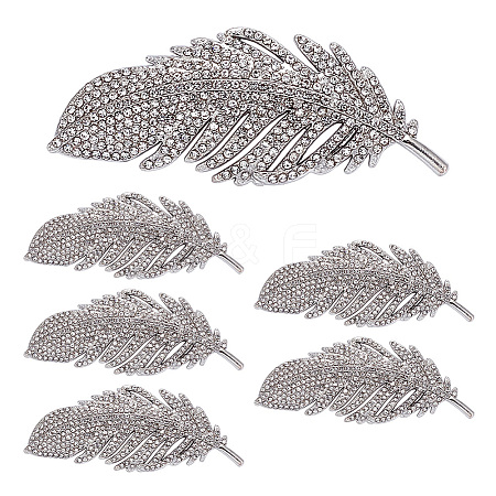 6Pcs Feather Shape Brass Rhinestone Lapel Pins for Backpack Clothes JEWB-UN0002-71A-1