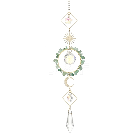 Sun Moon Ring Brass & Natural Green Aventurine Chip Suncatcher HJEW-JM05027-03-1