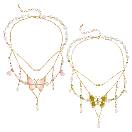 2Pcs 2 Colors Alloy Enamel Butterfly Pendant Double Layer Necklaces for Women NJEW-OC0001-05-1