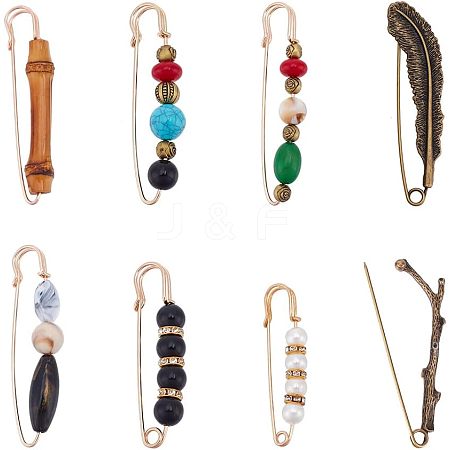  8Pcs 8 Style Branch & Feather & Bamboo Shape Alloy & Iron Safety Pin Brooches JEWB-NB0001-15-1