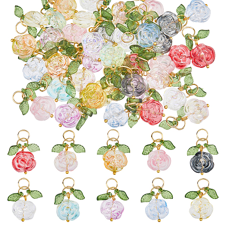 50Pcs 10 Colors Rose Flower Transparent Glass Pendants PALLOY-HS00017-1