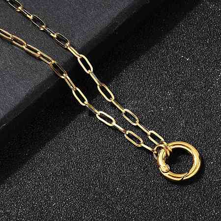 304 Stainless Steel Spring Gate Ring Pendant Paperclip Chain Necklaces for Women X-NJEW-Z091-13G-1