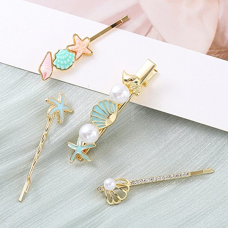 Conch/Starfish/Shell Shape Alloy Hair Bobby Pin Sets AJEW-A056-02D-1