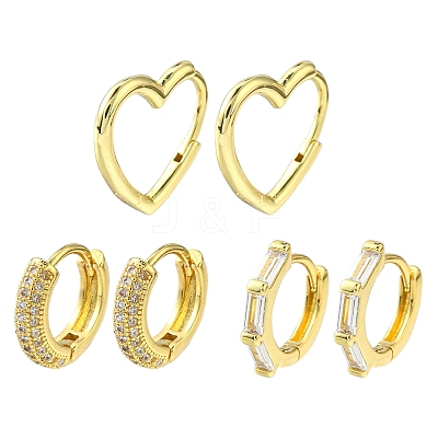 3Pairs 3 Style Clear Cubic Zirconia Heart & Rectangle & Ring Hoop Earrings EJEW-YW0001-05-1