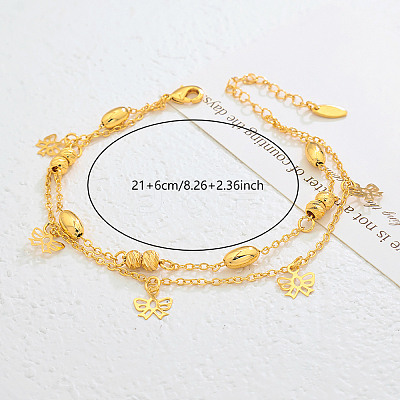 Vintage Beach Brass Bowknot Tassel Double Layer Chain Anklets for Women UO2435-1