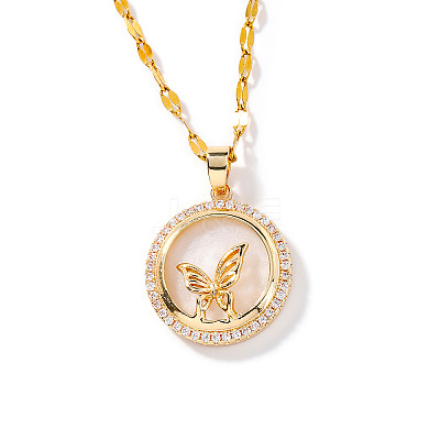 Brass Clear Cubic Zirconia Flat Round Butterfly Pendant Dapped Chain Necklaces for Women LS-WA9125-1