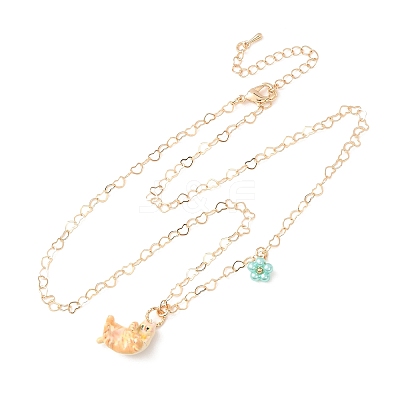 304 Stainless Steel Enamel Cute Cat Shape with Flower Pendant Necklaces for Women SA-CBA8F25-01B-1