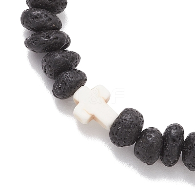 Synthetic Turquoise Cross & Natural Lava Rock Nuggets Beaded Bracelets BJEW-JB12193-01-1