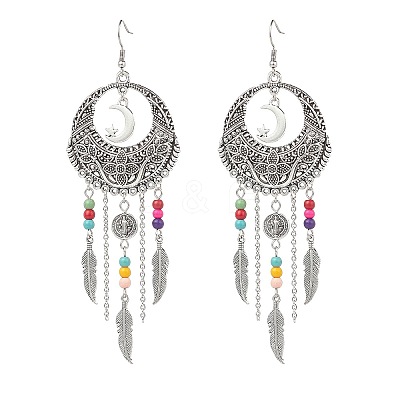 Alloy Moon Web with Feather Chandelier Earrings EJEW-JE05120-1