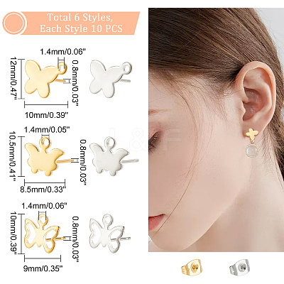 60Pcs 6 Style 304 Stainless Steel Stud Earring Findings STAS-DC0010-11-1