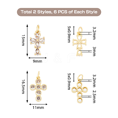 12Pcs 2 Style Rack Plating Brass Micro Pave Clear Cubic Zirconia Pendants ZIRC-HY0001-02-1