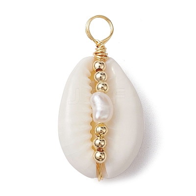 Natural Cowrie Shell Copper Wire Wrapped Pendants PALLOY-JF02277-02-1