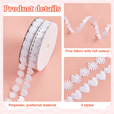 2 Rolls 2 Styles Heart & Flower Polyester Lace Ribbon OCOR-PH0004-66A-1