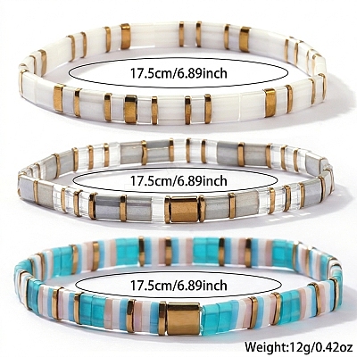3Pcs 3 Styles Square Glass Tile Beaded Stretch Bracelet Sets with Synthetic Non-magnetic Hematite Beads for Women HZ1549-1