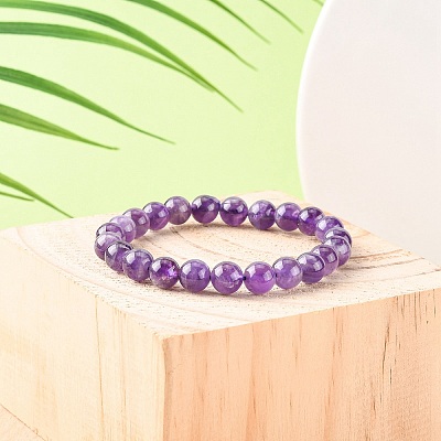 Natural Amethyst Round Beaded Stretch Bracelet X-BJEW-F293-04A-1