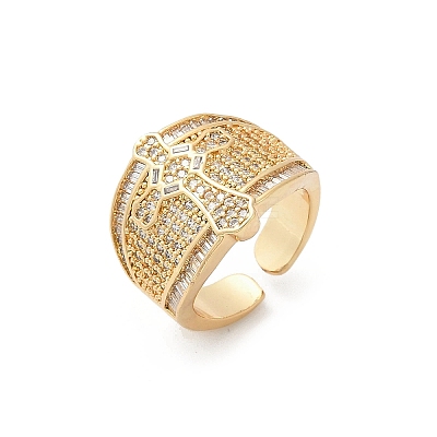 Brass Micro Pave Clear Cubic Zirconia Open Cuff Rings for Women RJEW-A059-04G-1