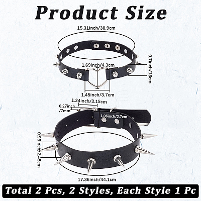 2Pcs 2 Styles Adjustable Gothic PU Leather Alloy Heart Spike Rivet Choker Necklaces for Women NJEW-CL0001-16-1