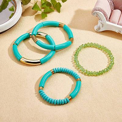 4Pcs 4 Style Acrylic Chunky Curved Tube Stretch Bracelet Sets BJEW-SW00074-07-1