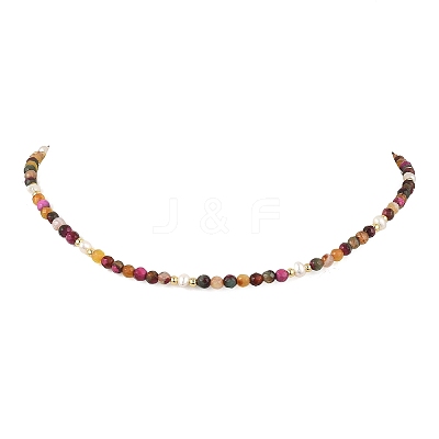 Dyed & Heated Faceted Round Natural Agate and Cultured Freshwater Pearl Beaded Necklaces for Women NJEW-JN06240-01-1
