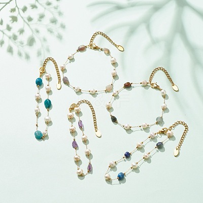Natural Gemstone & Pearl Beaded Bracelet BJEW-JB08293-1